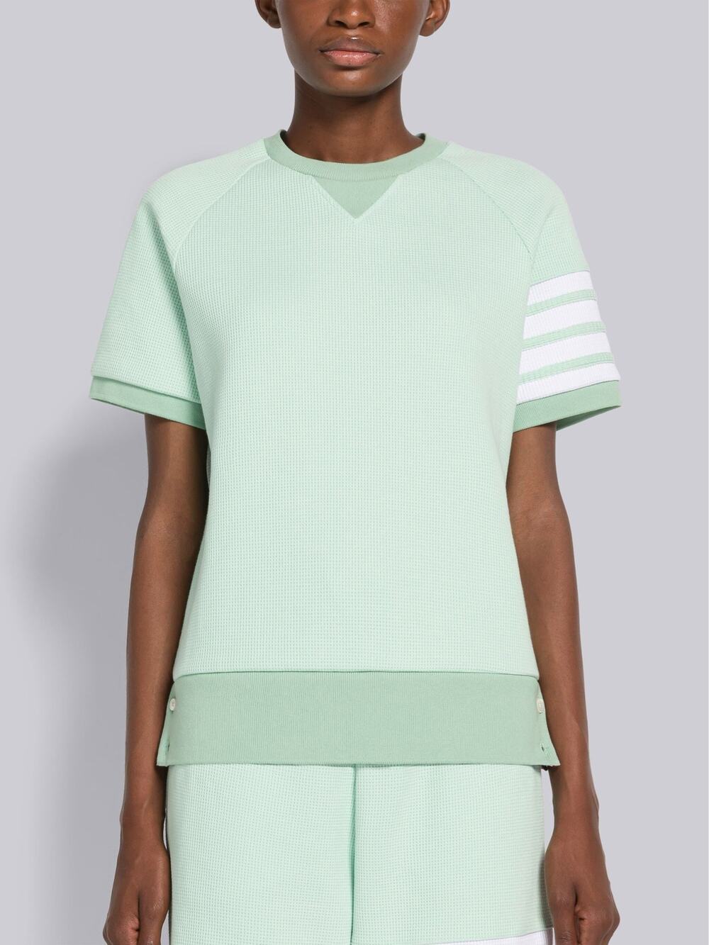 THOM BROWNE Green 4 Bar White Stripe Waffle Knit T-Shirt 46 Short Sleeve Cotton